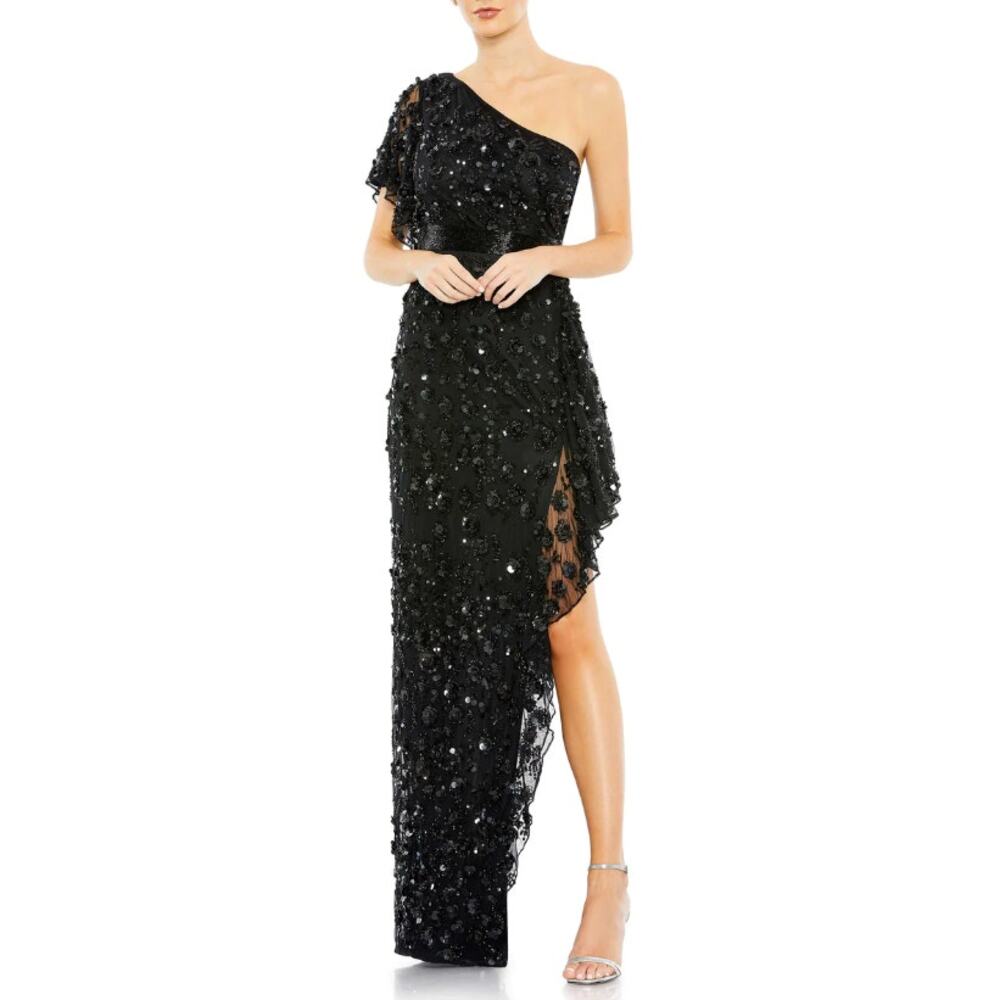 NEW Mac Duggal Sz 4 One Shoulder Flower Sequin Embellished Gown‎ in Black